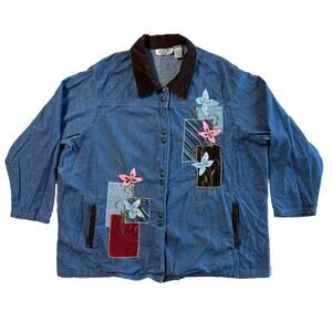 Mainstreet Blues Denim Jacket Size 24 Patchwork Embroidered Floral Velvet Collar